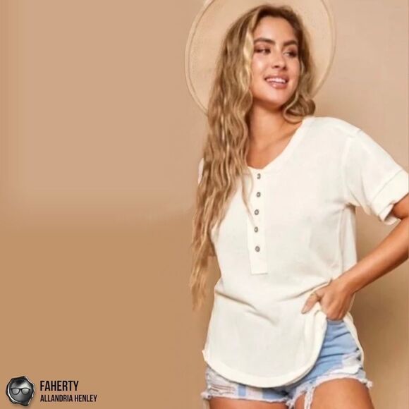 FAHERTY WOMEN’S ALLANDRIA SHORT SLEEVE HENLEY T SHIRT WITH HEMP & ORGANIC COTTON - Picture 1 of 16